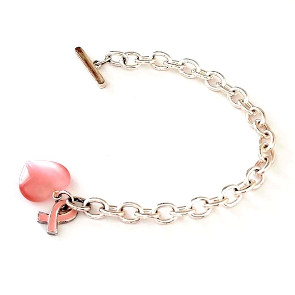 Silver Large Chain Link Breast Cancer Awareness Ribbon Toggle Clasp Bracelet - Picture 6 of 7